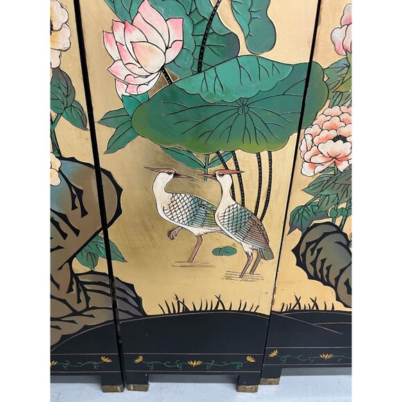 Vintage 1950's Oriental Asian Chinioiserie Gold Coromandel 4 Panel Screen Divide - Picture 9 of 10